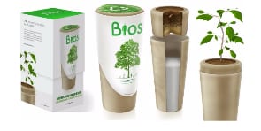 Urnen van biologisch afbreekbaar materiaal, met een boompje ernaast