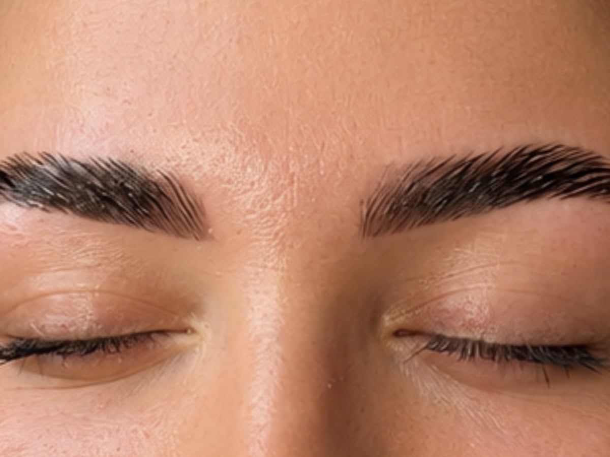 Frontale close-up van een gezicht met gesloten ogen, waarop de wenkbrauwen, de wimperlijn en de huid rond de ogen scherp in beeld zijn.