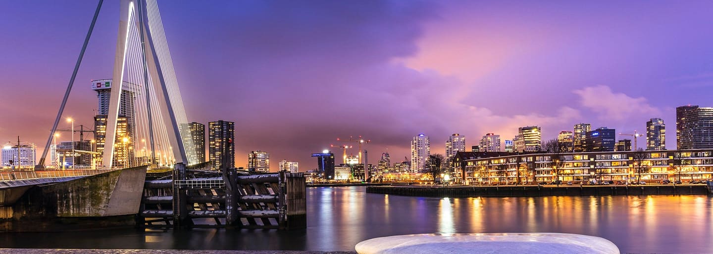 De Erasmusbrug over de Nieuwe Maas met de skyline van Rotterdam bij schemering.