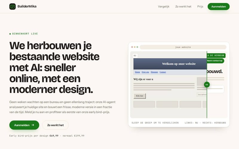 De coming-soon pagina van buildermika.com zoals BuilderMika die heeft opgeleverd.