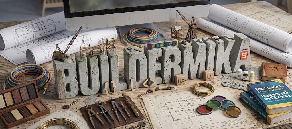Werkbank met bouwtekeningen, gereedschap, kleurstalen en betonnen letters die BuilderMika vormen