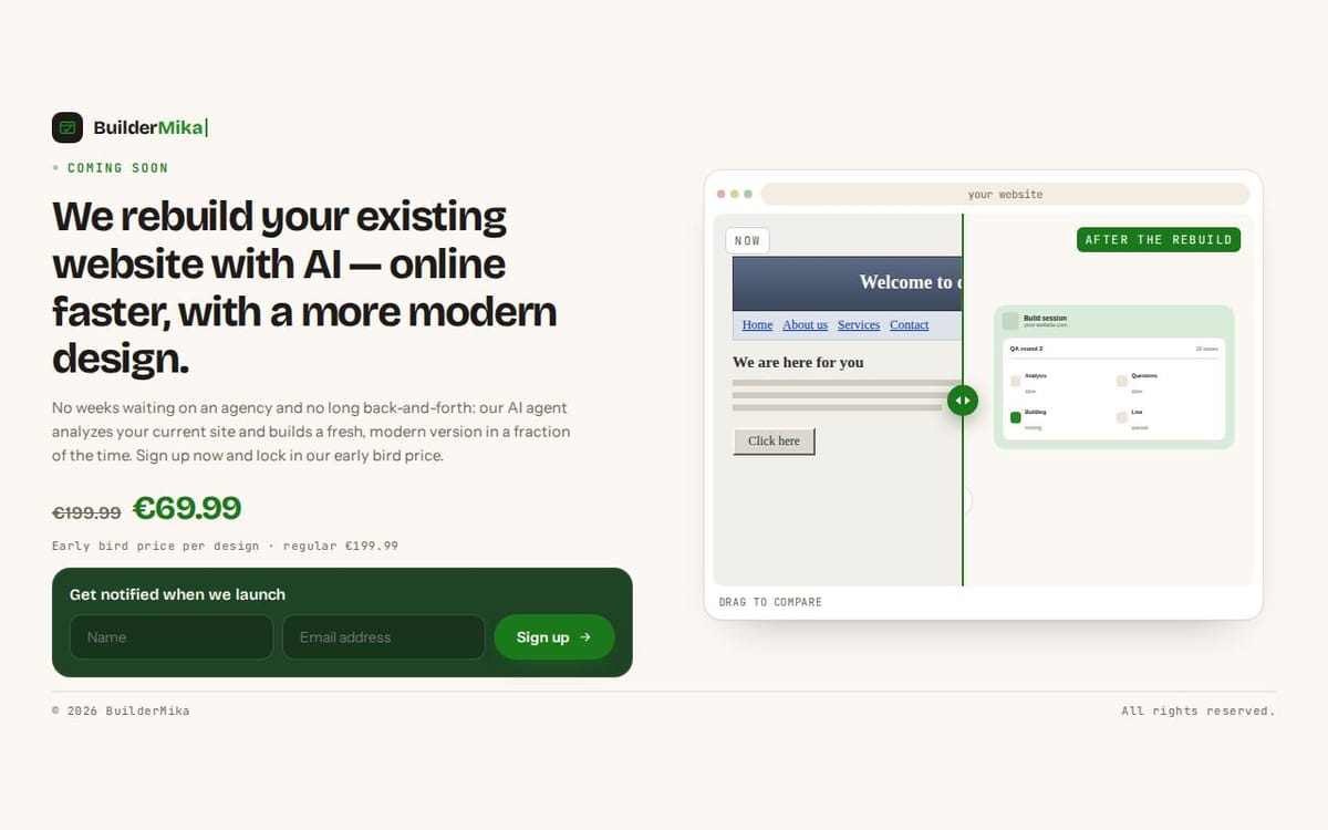 De vorige aankondigingspagina van buildermika.com