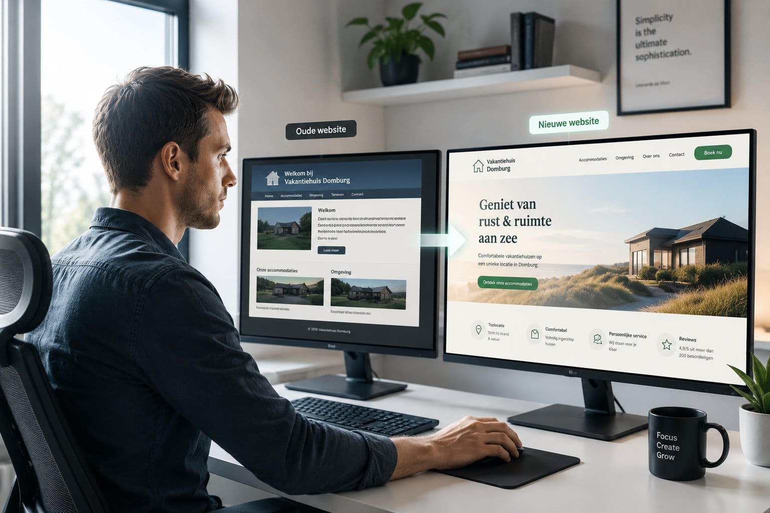 Werkplek met twee schermen waarop een nieuwe website wordt gebouwd