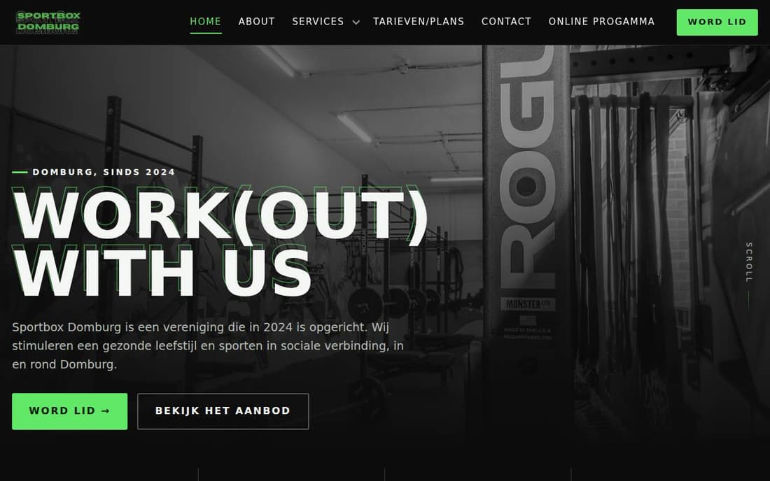 Nieuwe website van Sportbox Domburg met grote kop Work Out With Us