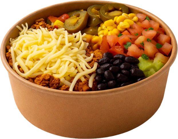 Bowl met rijst, bonen, kaas en jalapeno