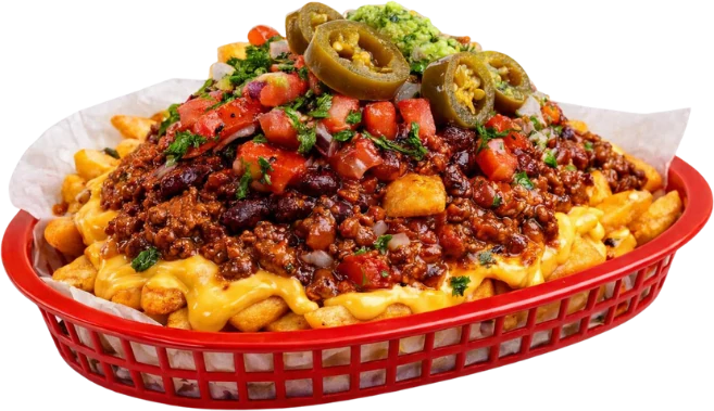 Loaded fries in een mandje