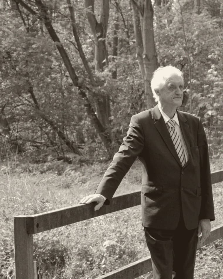 Een man in pak staat op een houten brug in een Zeeuws bos