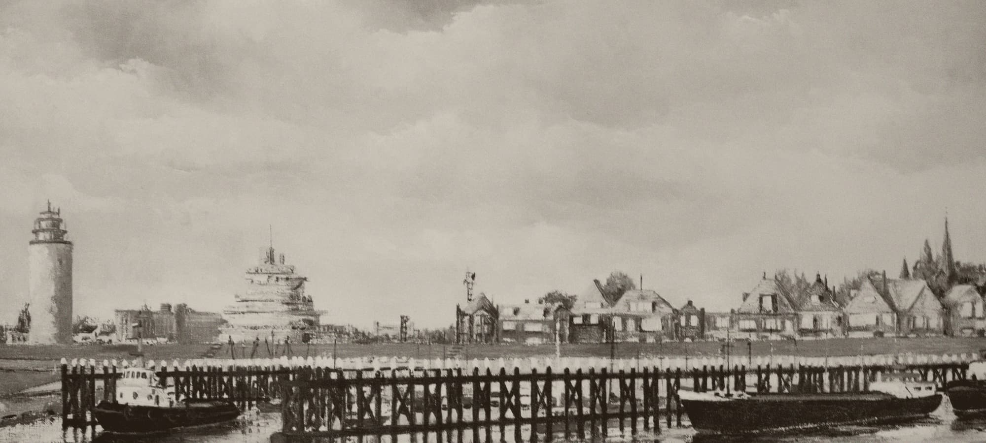 Geschilderd gezicht op de haven van Terneuzen met de vuurtoren