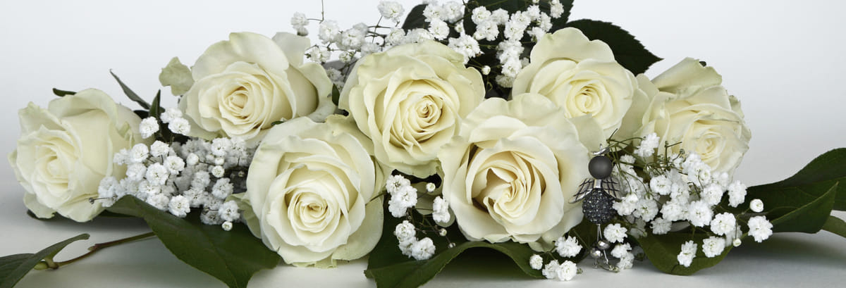 Witte rozen met gipskruid, liggend op een lichte ondergrond