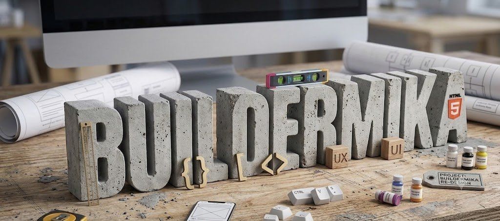 BuilderMika letters van beton op een bureau met ontwerpgereedschap