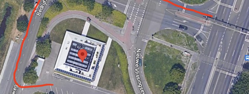 Luchtfoto met de route naar het praktijkpand aan de Nieuwe Vlissingseweg
