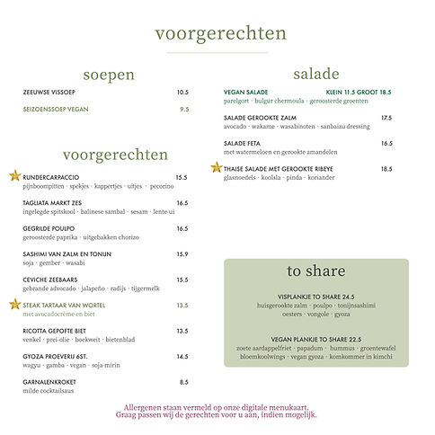 De kaart met voorgerechten en salades