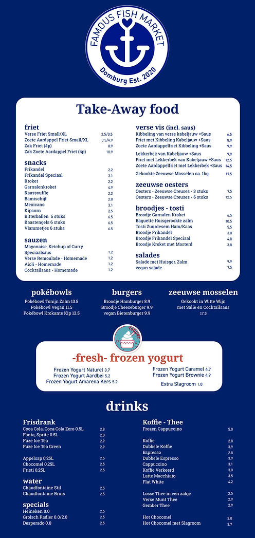De volledige take away kaart van The Famous Fish Market