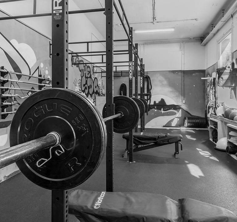 Halterstang met Rogue schijven in de trainingsruimte van Sportbox Domburg