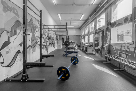 Overzicht van de trainingsvloer met squat rack en halterstang