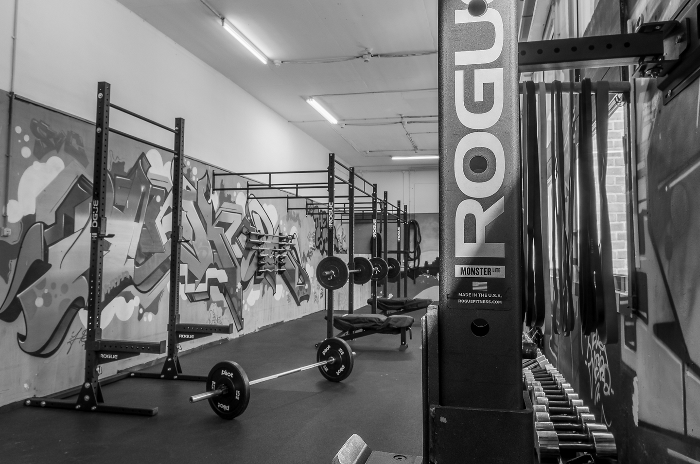 De trainingsruimte van Sportbox Domburg met Rogue racks, halters en een geschilderde graffitimuur